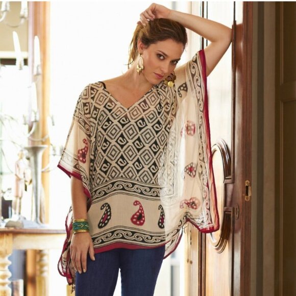 Soft Surroundings Boho Sheer Chiffon Cream Black Maroon Poncho Top Size L/XL - Picture 1 of 4